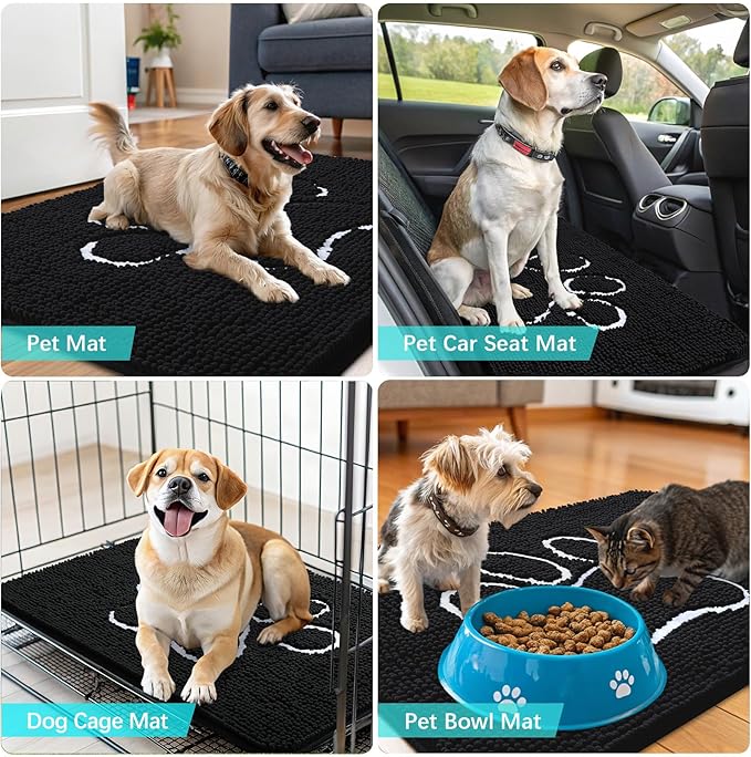 OLANLY Dog Door Mat for Muddy Paws 70x32, Paw Print Design, Absorbs Moisture and Dirt, Absorbent Non-Slip Washable Doormat, Quick Dry Chenille Mud Mat for Dogs, Entry Indoor Entryway Carpet, Black