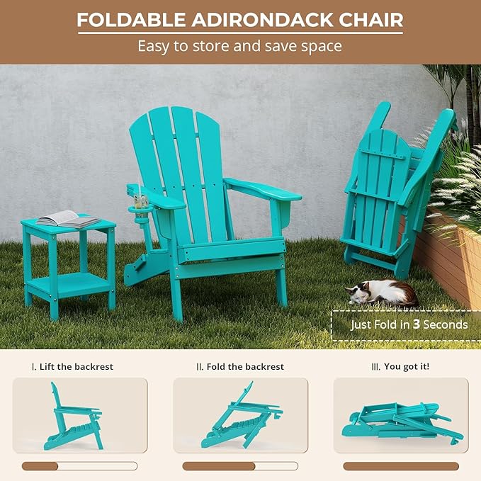 BRIOPAWS Folding-Adirondack-Chair | HDPE Plastic | Fire Pit Chairs | Cup Holder | Curved Back | All Weather | for Outdoor Backyard Deck Patio | Aqua