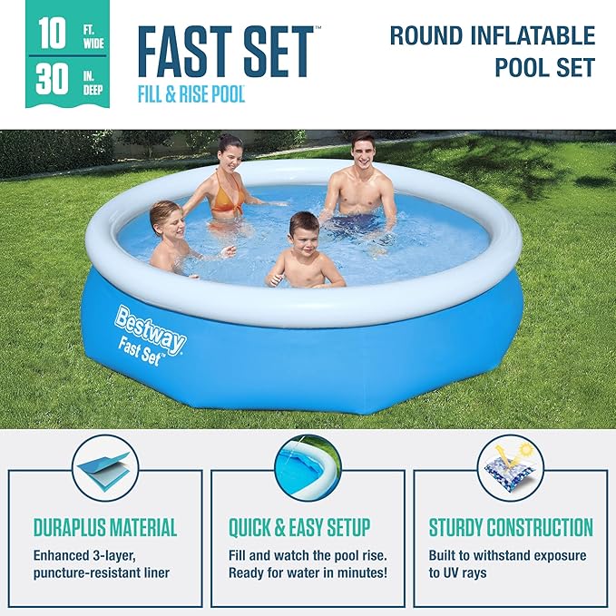 Bestway 57269E Fast Set Up 10ft x 30in Outdoor Round Inflatable Above Ground Swimming Pool Set with 330 GPH Filter Pump, Blue