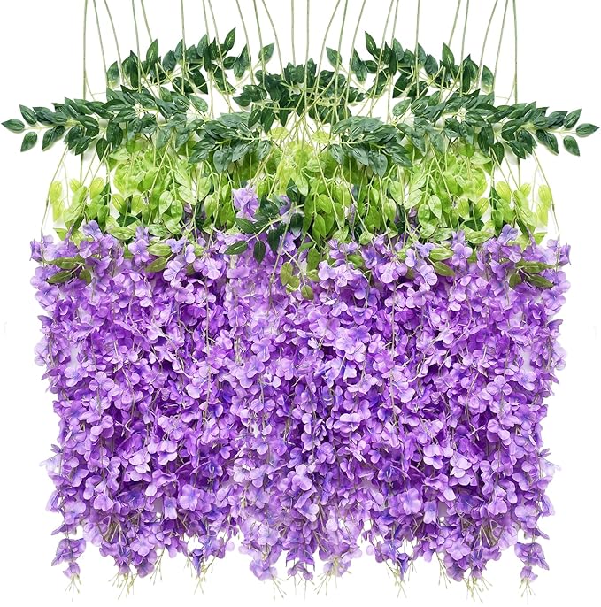 Artificial Flowers Hanging Flowers, Fake Wisteria Flower Garland Silk Vines Rattan String Decor for Home Wedding Arch Wall Garden Greenery Bedroom Outdoor Office Party Decoration (12, Light Purple)