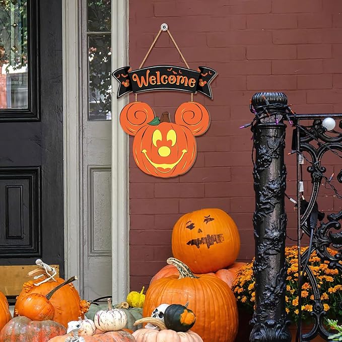 Halloween Mouse Pumpkin Decorations, Halloween Mouse Welcome Hanging Sign for Front Door, Happy Halloween Wooden Pumpkin Signs, Wood Door Hanger Ornaments for Home Window Wall Decor