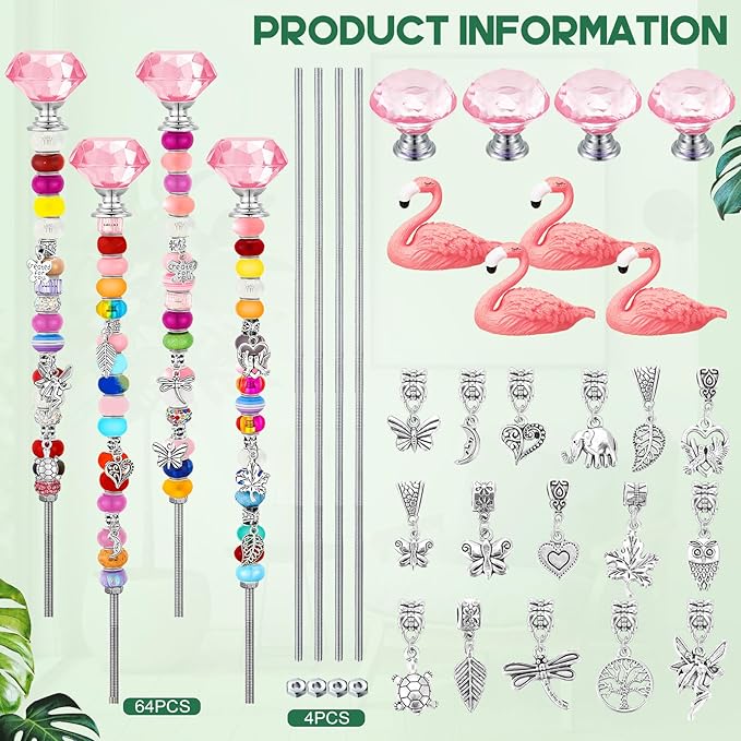 Lineshading 95 Pcs Flamingo Decorative DIY Beaded Garden Stakes Kit Fairy Wand Garden Stake Beads Kits for Plant Stakes Toppers Jeweled Ornament DIY Craft Supplies