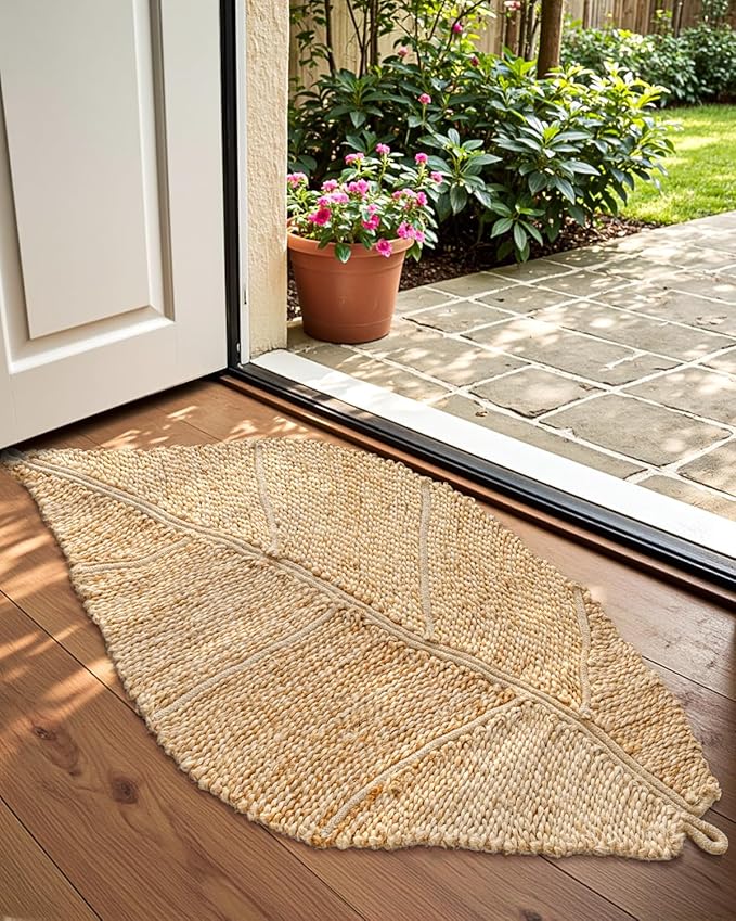 DEXI Jute Door Mat Inside Entryway Braided Woven, 24x35 Front Entrance Doormat Inside Leaf Shaped, Welcome Natural Fiber Entry Mats Farmhouse Home Decor, Beige