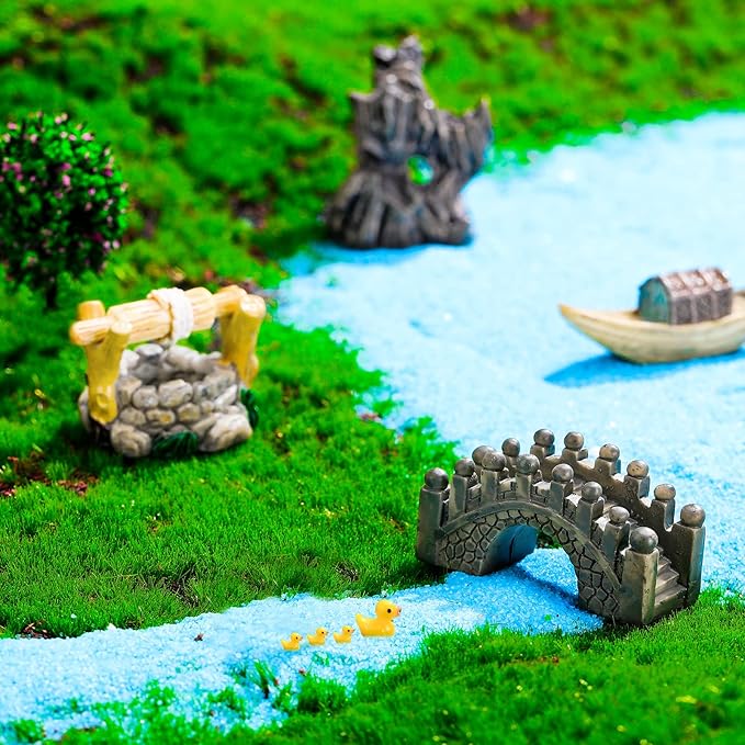 Jetec 12 Pcs Mini Fairy Garden Accessories Miniature Tiny Stone Bridge Mini Pond Mountain Moss Stones Water Well Waterwheel Figurines Resin Ornaments for DIY Craft, Lawn Pond Decor