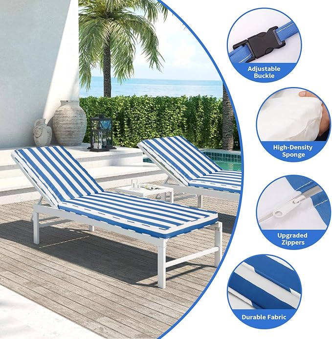 Outdoor Chaise Lounge Cushions for Patio, 71"x22"x3" Lounge Chair Cushions, Waterproof Replacement Seat Pads for Outdoor Furniture (Sky Blue+White Stripes, 1 Pcs)