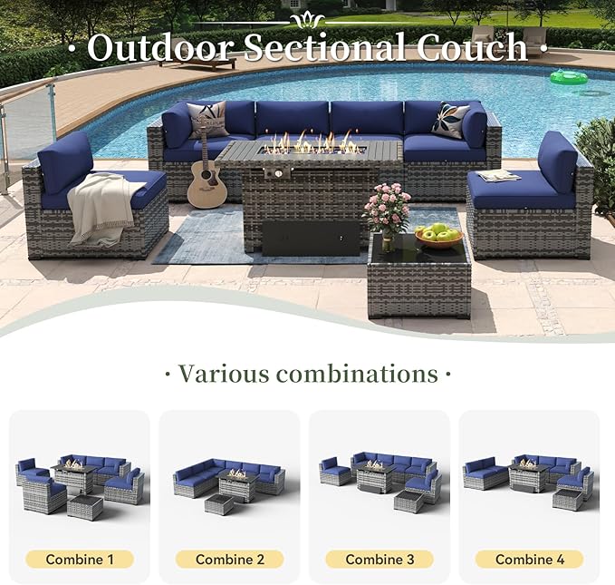 Aoxun 8 Piece Patio Furniture Set with 40'' Fire Pit Table Wicker Rattan Patio Conversation Set Outdoor Sectional Sofa Set with Coffee Table, Grey/Blue(Waterproof Cover Included)