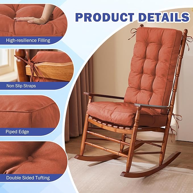 Rocking Chair Cushion, Waterproof and Fade-Resistant Patio Chair Cushions, Tufted Chair Pads for Rocker Furniture, 18x18 Inch, Indoor/Outdoor Seat Cushions with Ties, Spice