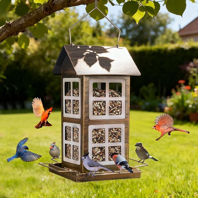 Bird Feeders, Heavy Duty Metal Bird Feeder for Outdoors Hanging, Weatherproof Large Capacity Wild Birdfeeder for Outside Garden Yard, Country House Shape (Vertical)