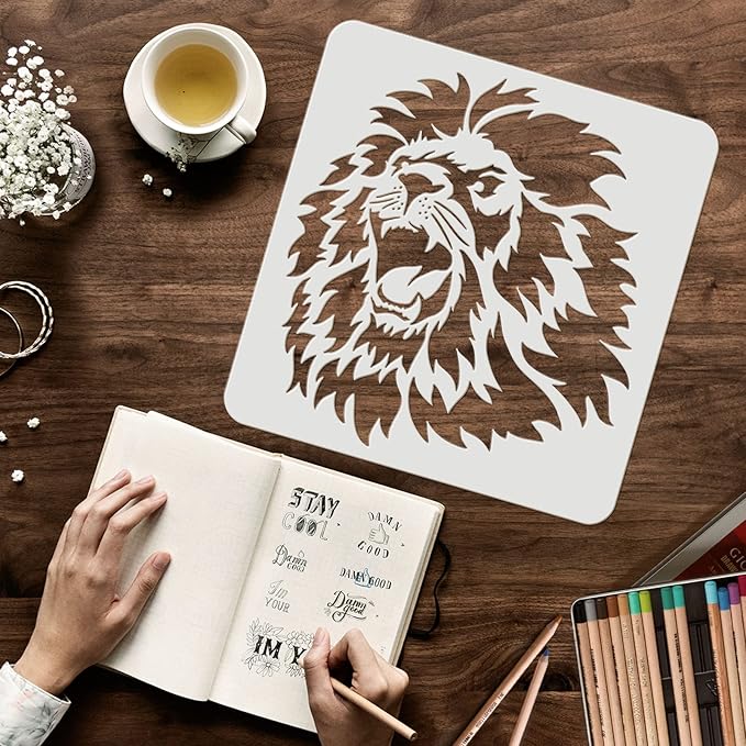 FINGERINSPIRE Lion Head Stencil 11.8x11.8 Inch - Wild Animal Pattern for African Big Cat - Reusable Plastic Stencil for Painting on Wood, Floor, Wall and Tile