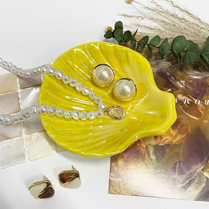 Shell Trinket Dish, Ceramic Jewelry Dish Tray, Cute Organizer Plate for Jewelry, Seashell Jewelry Ring Holder, Birthday Mother's Day Christmas Gift for Women, 3.9", Bright Yellow Iridescent Surface