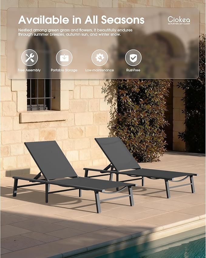 Ciokea Foldable Outdoor Lounge Chair Set of 4, No Assembly Aluminum Chaise Lounge Outdoor with 5-Positions, Aluminum Pool Lounge Chairs with Portable Design for Poolside, Beach, Deck, Patio, Grey