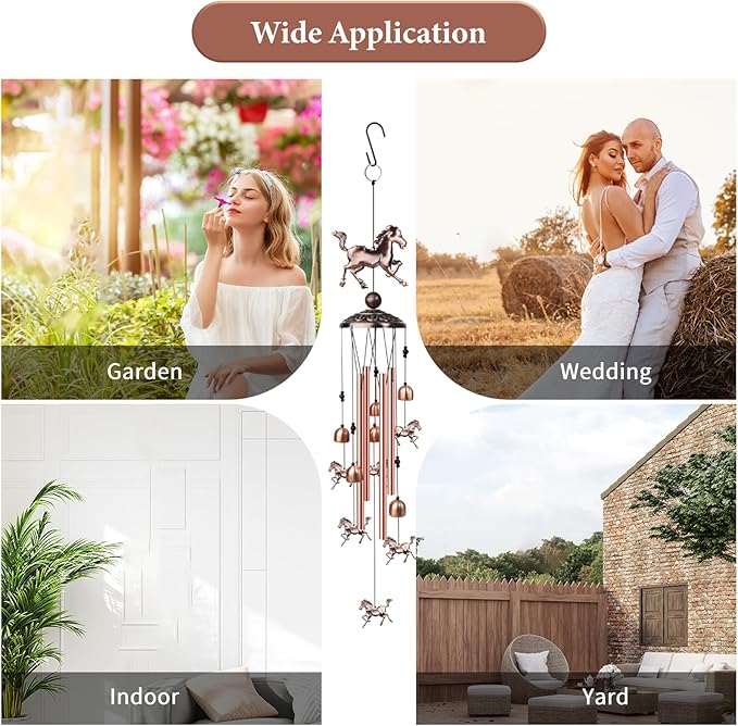 Horse Wind Chimes for Outside, Decorative Wind Chimes with 4 Aluminum Tubes Hanging Bells, Memorial Windchimes Outdoors with S Hook for Patio Garden Decor, Unique Gift for Mom Grandma