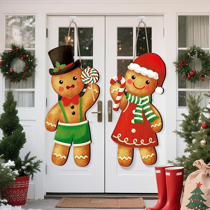 Thyle 2 Pcs Wooden Christmas Gingerbread Sign 27 x 10 Inch Xmas Hanging Gingerbread Front Door Decor Ginger Bread Welcome Door Hanger for Outdoor Indoor Front Porch Home Farmhouse Wall Supplies