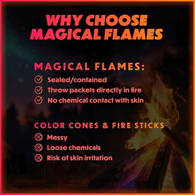 Magical Flames Fire Color Packets (25 Pack), Vibrant Multi-Color Fire for Fire Pits, Campfires, Bonfires & Fireplaces - Camping Essentials & Outdoor Party Accessories