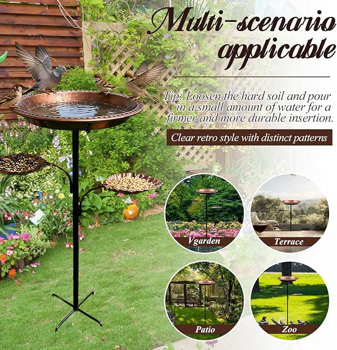 SPOKKI Metal Bird Bath for Outdoors,12 Inch Bath Bowl with 2 Bird Feeders,All Metal Rustproof Standing Birdbaths for Garden Yard Lawn Patio Outdoor Decor,Upgraded 5-Pronged Base (Antique Bronze)
