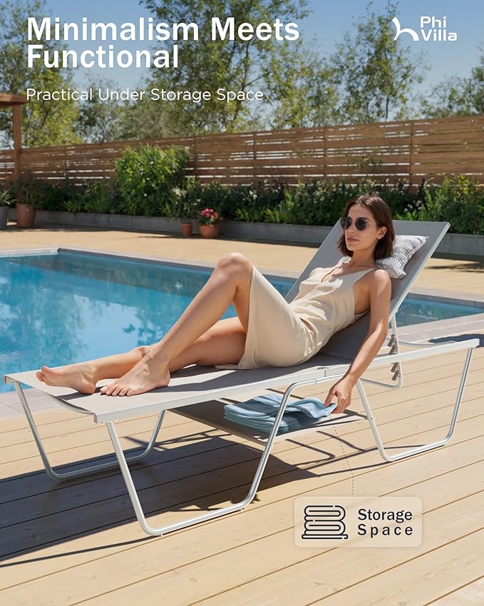 PHI VILLA 78" Oversized Outdoor Chaise Lounge Chair Set of 2, 27" Extra Wide Foldable, 5-Position Adjustable, UV50+ Textilene Mesh, Rust-Proof Frame, Khaki Beige