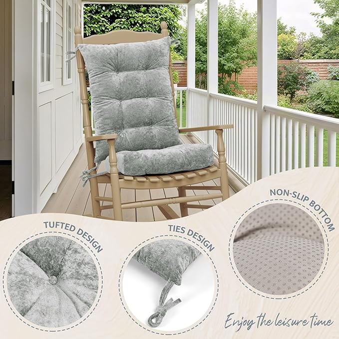 mudilun Rocking Chair Cushion Set - Non-Slip Tufted Rocking Chair Cushions with Ties Soft Indoor/Outdoor Wooden Rocking Chair Seat Pad for Porch Garden Cafe & Nursing