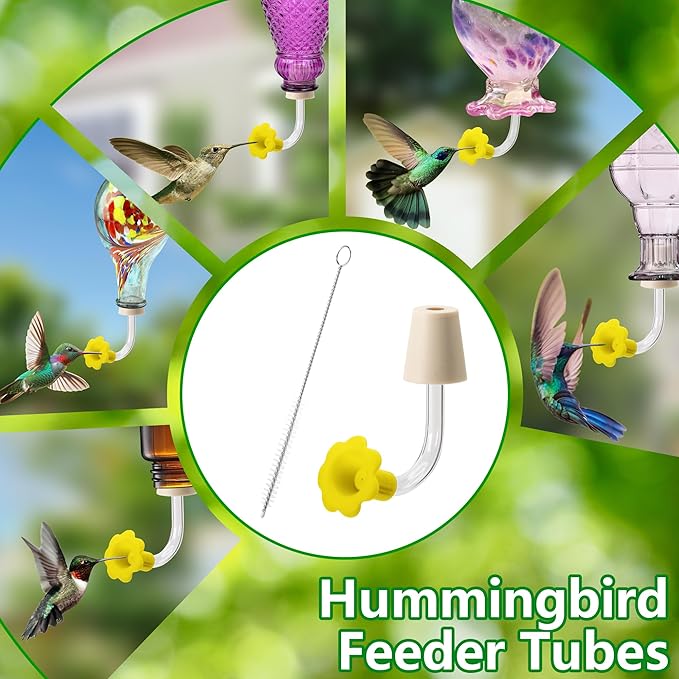 DECOHS 9 Pcs Hummingbird Feeder Tubes with Yellow Floral Tip, Bird Hummingbird Feeder Replacement Parts with 3 Brush, Outside Flower Birds Water Feeders Tube Stoppers for Making Your Own Birds Feeder