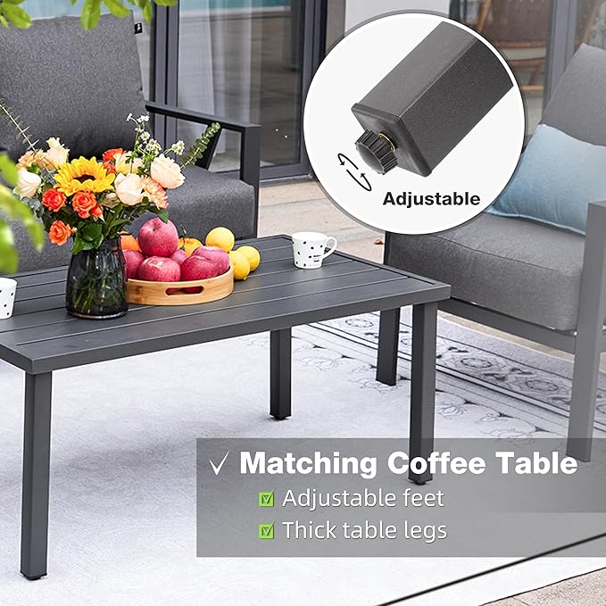 Outdoor Patio Furniture Set, 4 Pieces Metal Patio Furniture Set with Coffee Table, Modern Outdoor Patio Conversation Seating Set, Grey