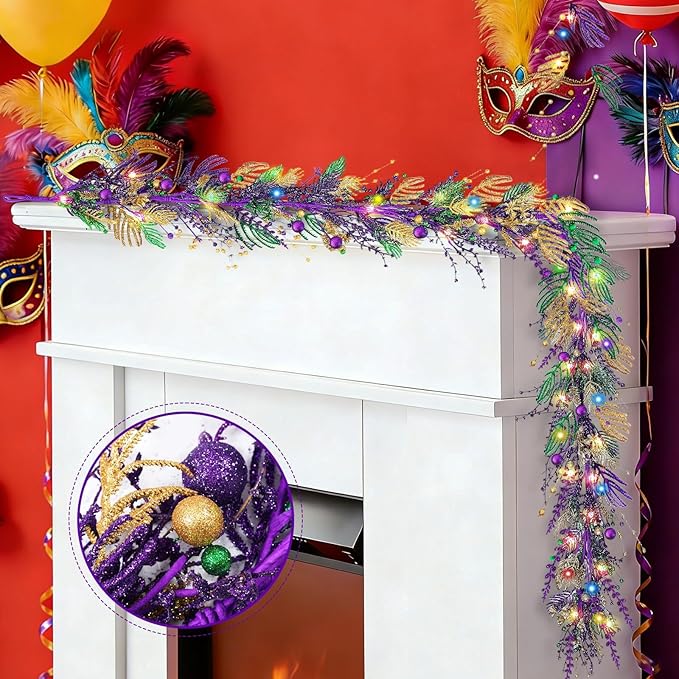 6 Ft Mardi Gras Purple Green Gold Glitter Vine Garland for Front Door Carnival Party Wreath Glitter Hanging Garland Mardi Gras Party Home Decor Garlands for Indoor Outdoor Mantle Staircase Railing