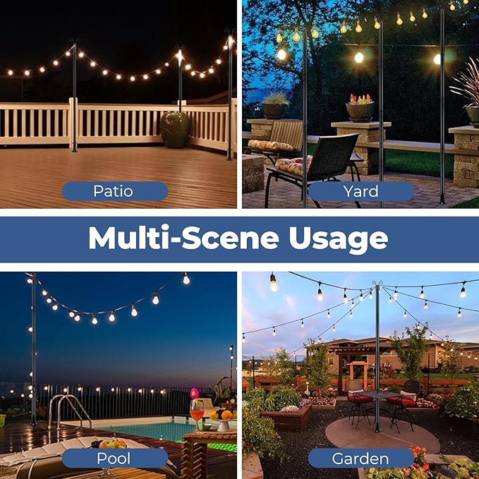 Heavy Duty Adjustable Light Pole for String Lights 1 Pack- 38mm Rust-Proof Metal Post with Deck & Fence Mount - Garden, Patio, Party Decor 10 FT