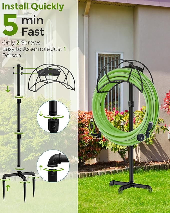 LAND·VOI Hose Holder, Garden Hose Holder Freestanding, Metal Heavy Duty Water Hose Holder Holds 150 Feet Hose, Detachable Hose Storage Hanger for Outside with 3 Spikes, for Lawn Yard, Black GHH01B