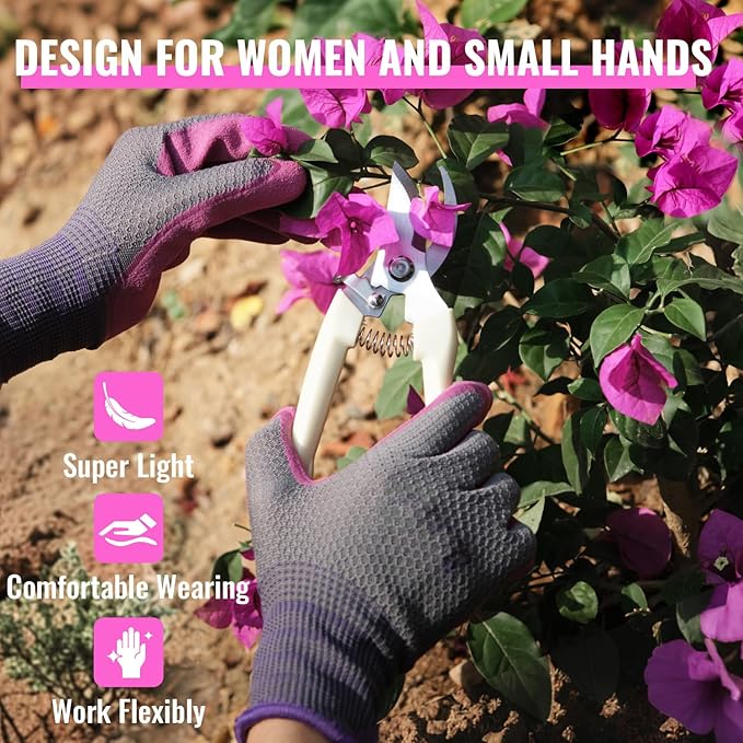 Gardening Gloves for Women 6 Pairs, Garden Gloves for Pruning Flower Rose, Weeding, Digging, Raking, Flower gloves with Rubber coating (Small, Pink)