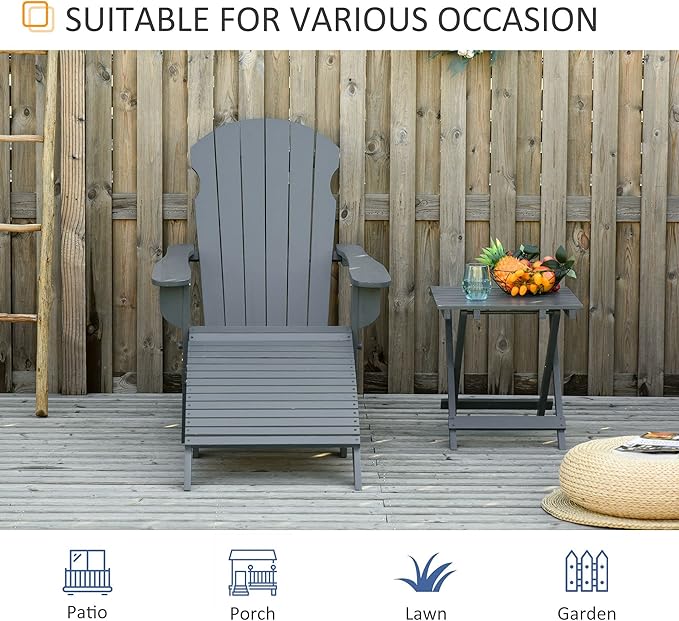 Outsunny 3-Piece Folding Adirondack Chair with Ottoman and Side Table, Outdoor Wooden Fire Pit Chairs w/High-Back, Wide Armrests for Patio, Backyard, Garden, Lawn Furniture, Gray