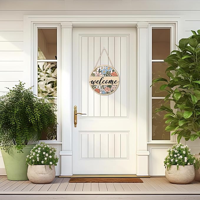 HOURIA 3D Vintage Welcome Front Door Sign(11.4”x11.4”),Boho Daisy Flower Wooden Door Wreath,Rustic Spring Summer Floral Wall Hanging Decor for Farmhouse Porch Home Indoor Office