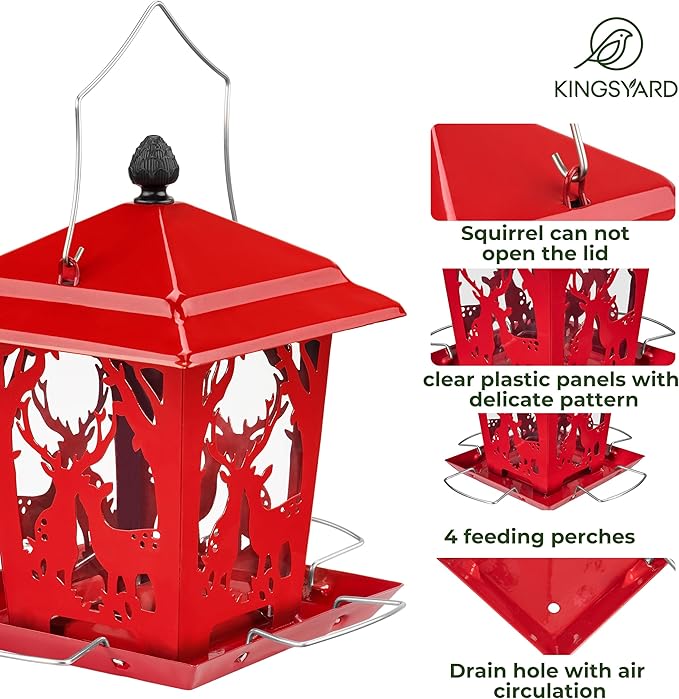 Kingsyard Metal Bird Feeder for Outdoor Hanging - Unique Design Wild Bird Hopper Feeder with 4 Perches and Rainproof Roof, Red
