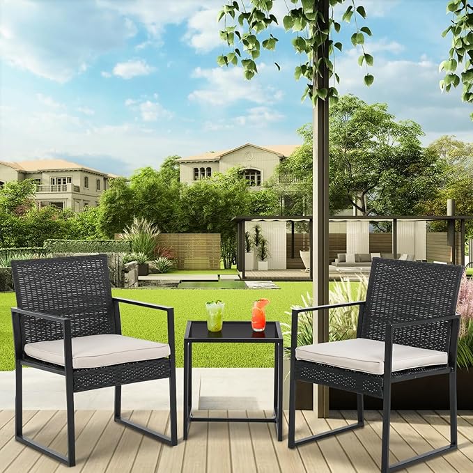 PayLessHere | 3-Piece Outdoor Patio Furniture Set | Khaki | Modern Rattan Bistro Set with Cushioned Chairs & Tempered Glass Coffee Table | Indoor & Outdoor Seating | for Balcony, Garden, Poolside