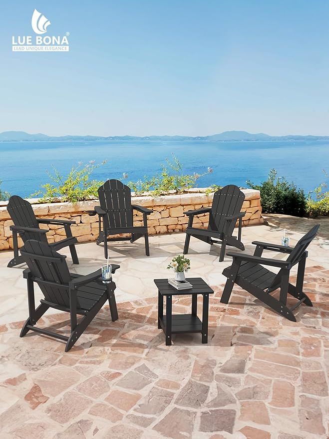 LUE BONA HDPE Adirondack Chairs Set of 2 - Weather Resistant Seating with Cup Holder for Porch, Patio, Deck & Fire Pit, Black