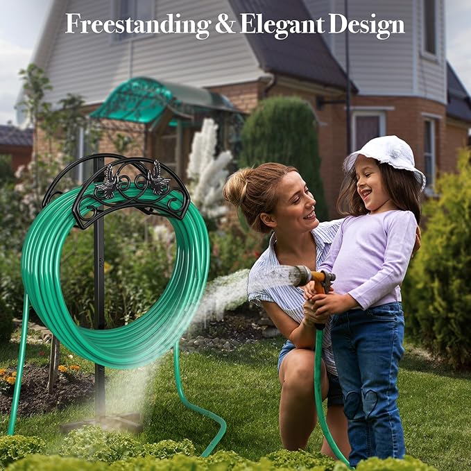 Garden Hose Holder Detachable, Heavy Duty Metal Water Hose Hanger Freestanding Hose Organizer Hose Holders for Outside (Black)