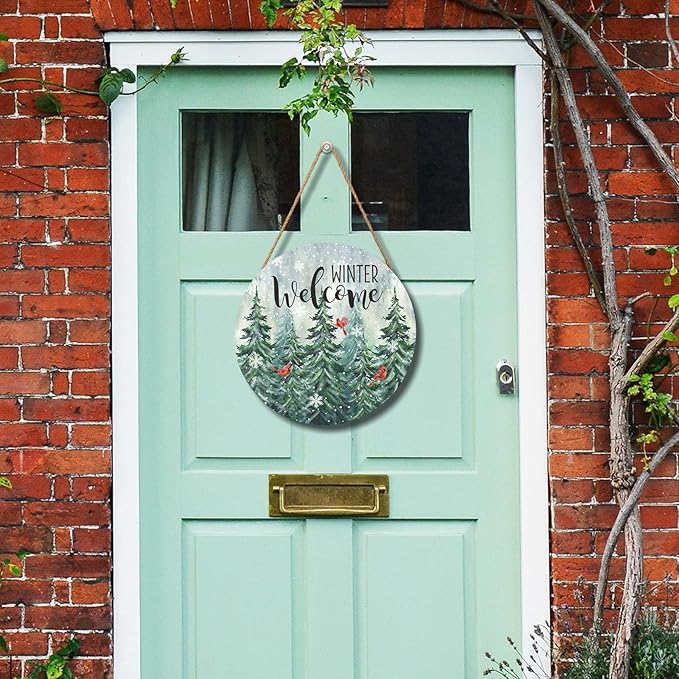 Winter Welcome Snowflake Door Sign For Front Door Decor,Winter Farmhouse Green Pine Tree Cardinal Bird Wooden Sign 12"x 12" Round Wood Hanging Door Sign Decoration for Winter Wall Rustic Porch Decor