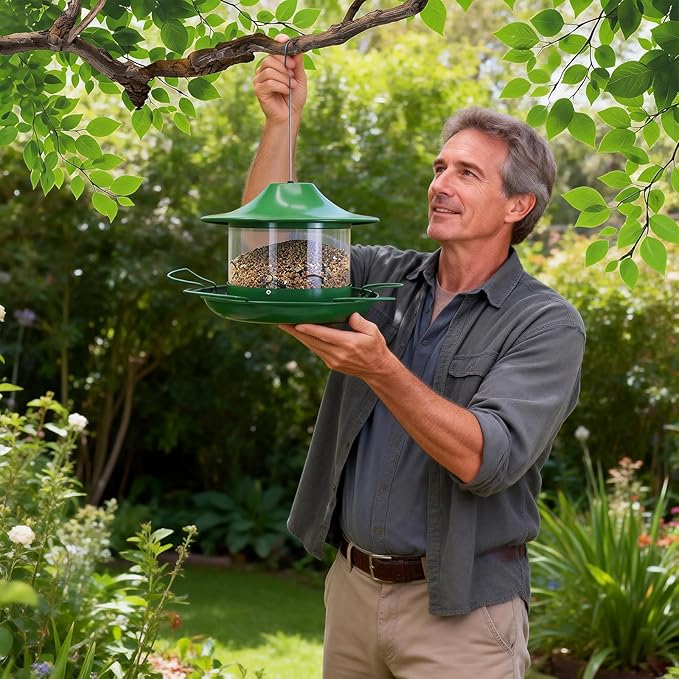 Metal Bird Feeder for Outdoors, Large Capacity Weatherproof Rustproof Wild Bird Feeder with Drainage, Easy to Clean Anti-Squirrel Hanging Feeder for Garden Décor, Nature Green