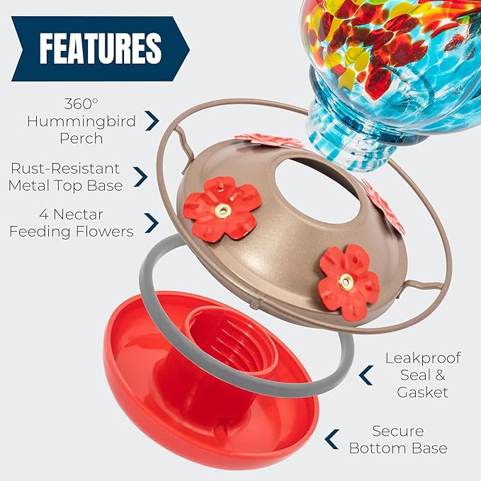 MEKKAPRO Hummingbird Feeders for Outdoors Hanging Glass 20oz, Decorative Feeder with Blown Stained Waterdrop Glass Design for Outdoors and Backyard, Easy Fill with 4 Nectar Feeding Flowers (Sky Blue)