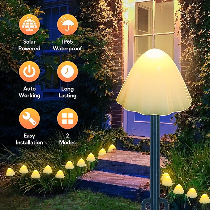 Solar Garden Lights, 12 LED 14.5ft Mini Mushroom Solar Lights Outdoor Waterproof, 2 Modes Lighted Mushroom Shaped Pathway Light for Patio Yard Garden Christmas Fall Decoration（Warm White）