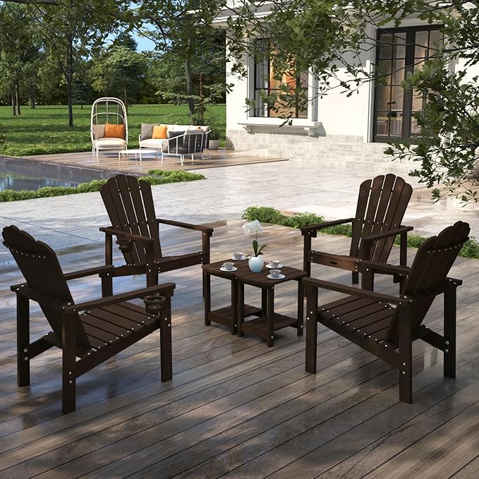 Stackable Adirondack Chair, HDPE All-Weather Adirondack Chairs - Durable and Space Saving, Plastic Outdoor Fire Pit Chairs with Cup Holder,Brown