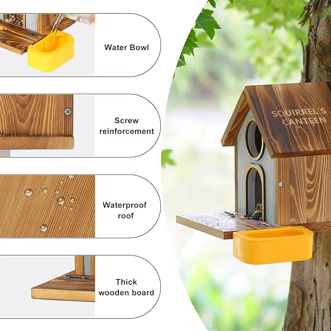 MIXXIDEA Wooden Squirrel Feeder, Large Capacity Squirrels Feeders for Outside, Sturdy Construction, No Assembly Lovely Chipmunk Feeder for Corn, Peanut, Nuts, Chestnuts (XL Size with Water Bowl)