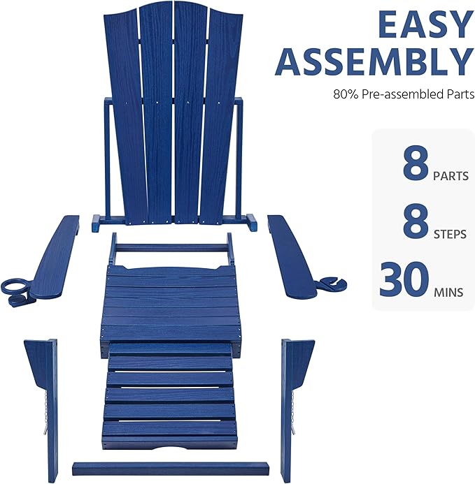 Yaheetech Adirondack Chair with Retractable Ottoman, All Weather Patio Folding Fire Pit Chair with Cup Holder and Phone Holder for Outdoor Poolside, Navy Blue, 2 pcs
