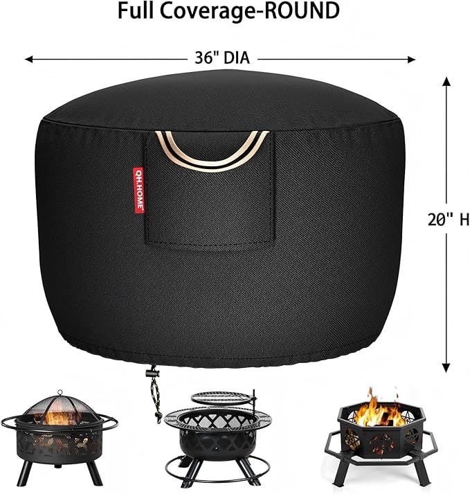 QH.HOME [2026 Upgraded 900D Fabric] Fire Pit Cover for Fire Pit, Super Waterproof fit for Propane Fire Pit Table, Round 36" Dia x 20" H -Black