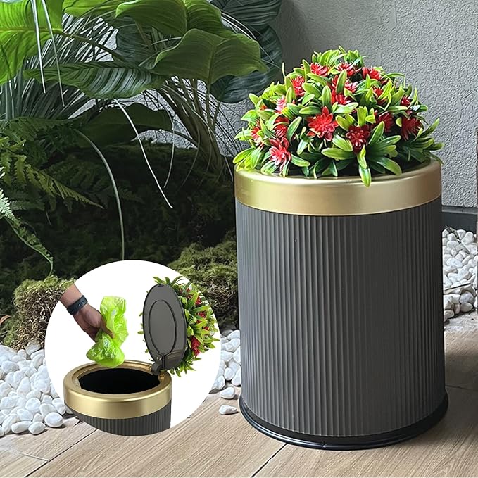 Yatmung 2.6 Gal Dog Poop Trash Can Outside - Outdoor Poop Garbage Can - Small Pet Waste Container with Lid - Front Porch, Waste Bin for Bathroom, Bedroom, Office - Plant Styled Dog Poop Bucket - Grey