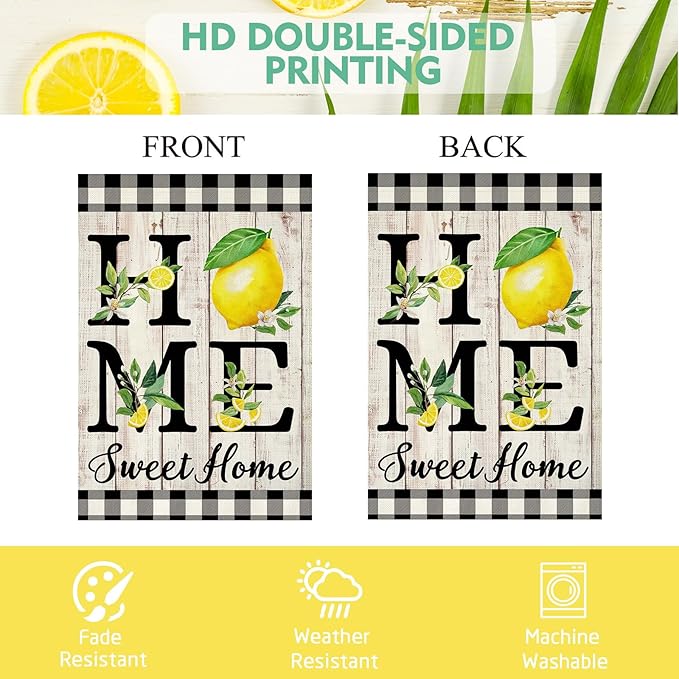 ORTIGIA Summer Lemon House Flag 28 x 40 Inch Double Sided Burlap Home Sweet Home Yellow Fruit Yard Flag Holiday Spring Farmhouse Seasonal Outdoor Outside Decoration (Large)