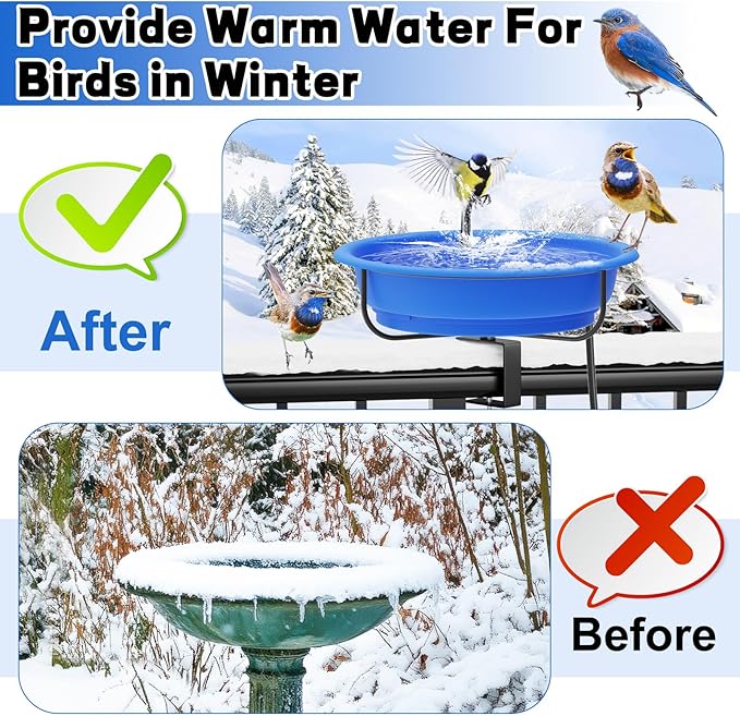Heated Bird Baths for Outdoors Winter,100W Thermostatically Controlled Heated Bird Bath for Deck Railing Adjustable Metal Clamp Heated Birdbath for Outside Garden Patio Yard Lawn(Blue)