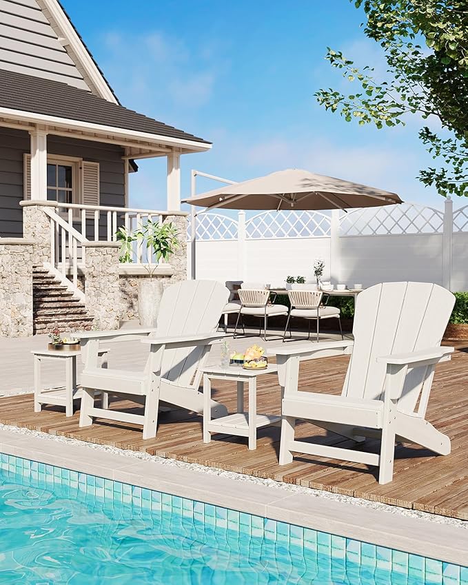 Modern HDPE Plastic Adirondack Chair - Oversize 380 LB Poly Lumber Weather Resistant Firepit Chair - Outdoor Patio Chairs with Wooden Textured for Garden, Backyard, Lawn, Deck, Pool, Porch - White