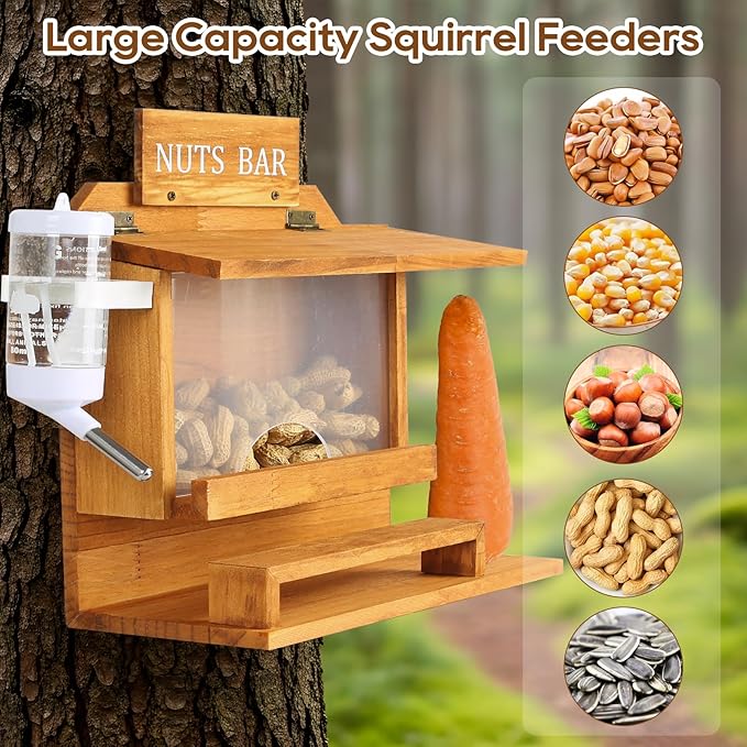 Nut Bar Squirrel Feeder, Squirrel Feeders for Outside, Extra Large 11.8" Squirrel Picnic Table Feeder with Water Bottle, Wooden Funny Chipmunk Feeder Box, No Assembly Required