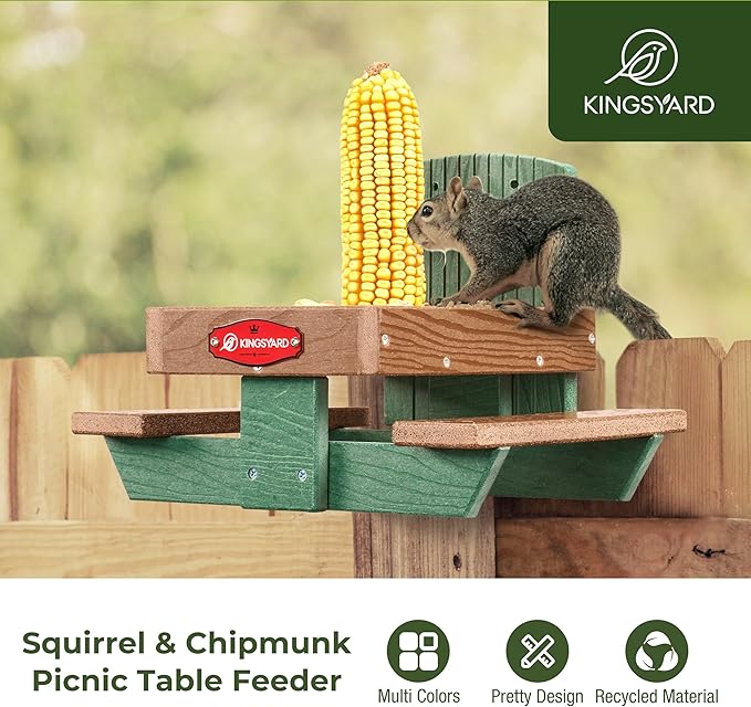 Kingsyard Squirrel Feeder Table for Outside, Recycled Plastic Squirrel & Chipmunk Picnic Table Feeder with Corn Cob Holder, 2 x Solid Structure Benches, Easy to Clean (Green)