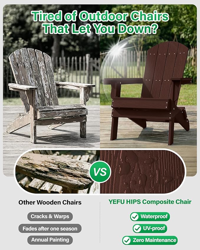 YEFU Adirondack Chair, Oversized Plastic Adirondack Chair Folding Outdoor Chairs with cup holder, Lawn Chair with Weather Resistant for Outside Deck Lawn Garden, Weight Capacity Up to 400 Lbs–Mahogany