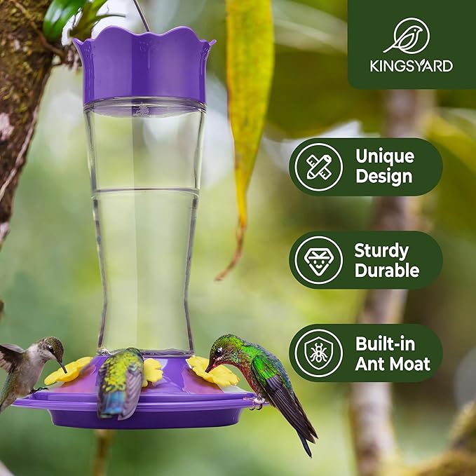 Kingsyard Glass Hummingbird Feeder for Outdoors Hanging - 6 Bee Guard Feeding Ports & Built-in Ant Moat, Wild Bird Feeder for Outside Garden Yard Patio 14 Oz, Updated Purple