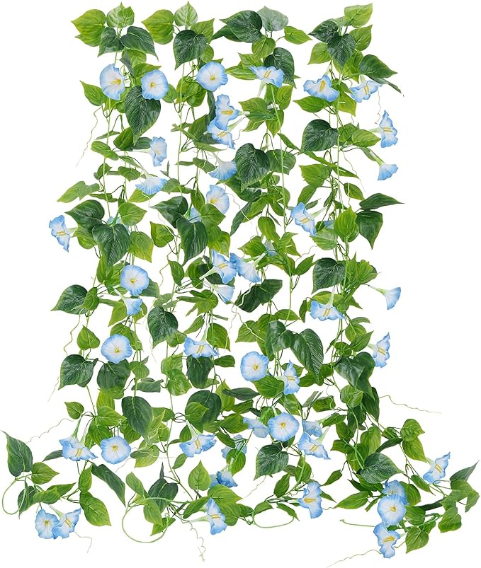 GTIDEA 4Pcs Fake Vines 30Feet Artificial Hanging Morning Glory Flower Garland Blue Faux Vines for Outdoors for Wall Fence Indoor Wedding Decor